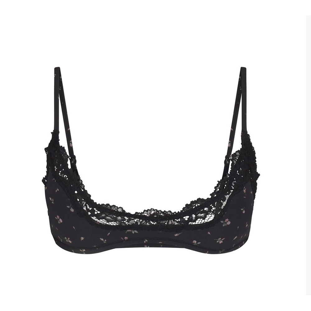 SKIMS Fits Everybody Lace Scoop Bralette Onyx Rosebud Print Black Floral XL